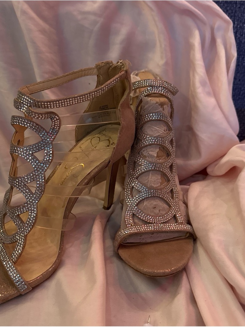Jessica Simpson Rhinestone Strappy Heeled Sandals in Blush Pink
